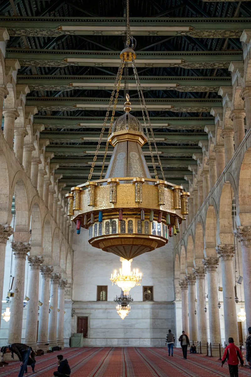 Ornate hanging lantern inside the Umayyad Mosque